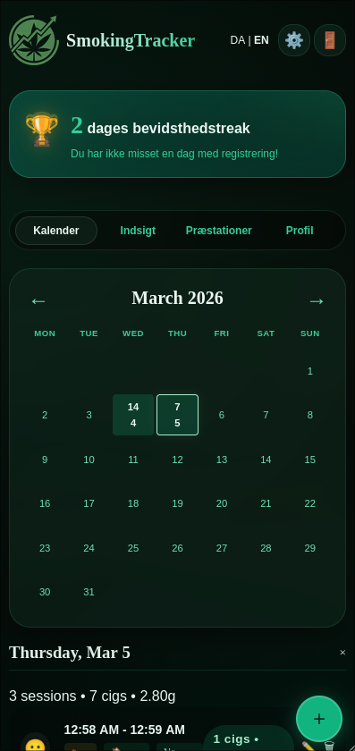 SmokingTracker App — Kalender visning