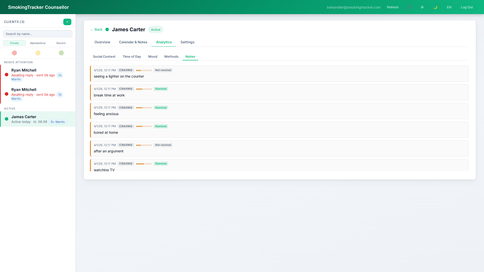 Practitioner Dashboard - session notes overview
