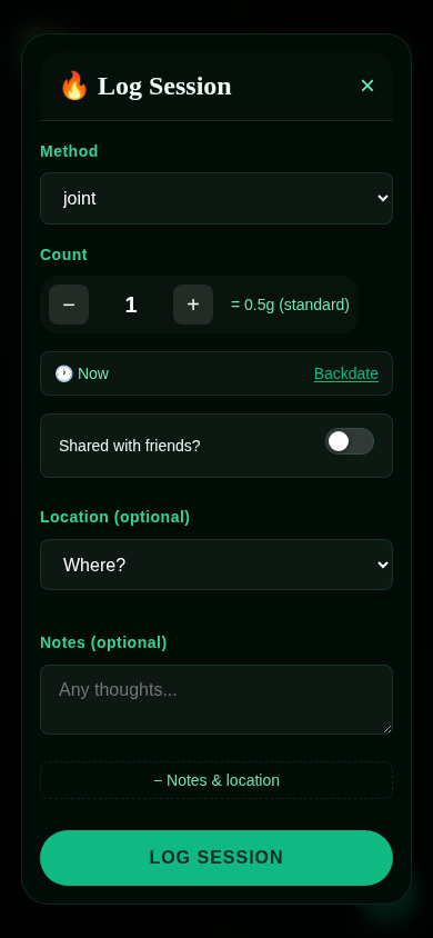 SmokingTracker App - log session modal