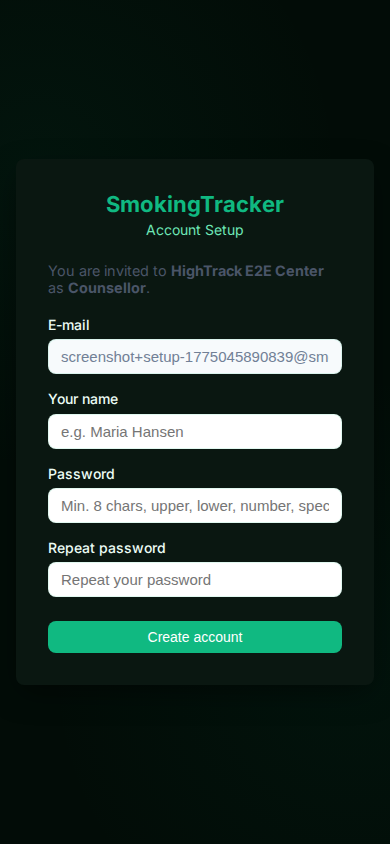 Counsellor account setup page