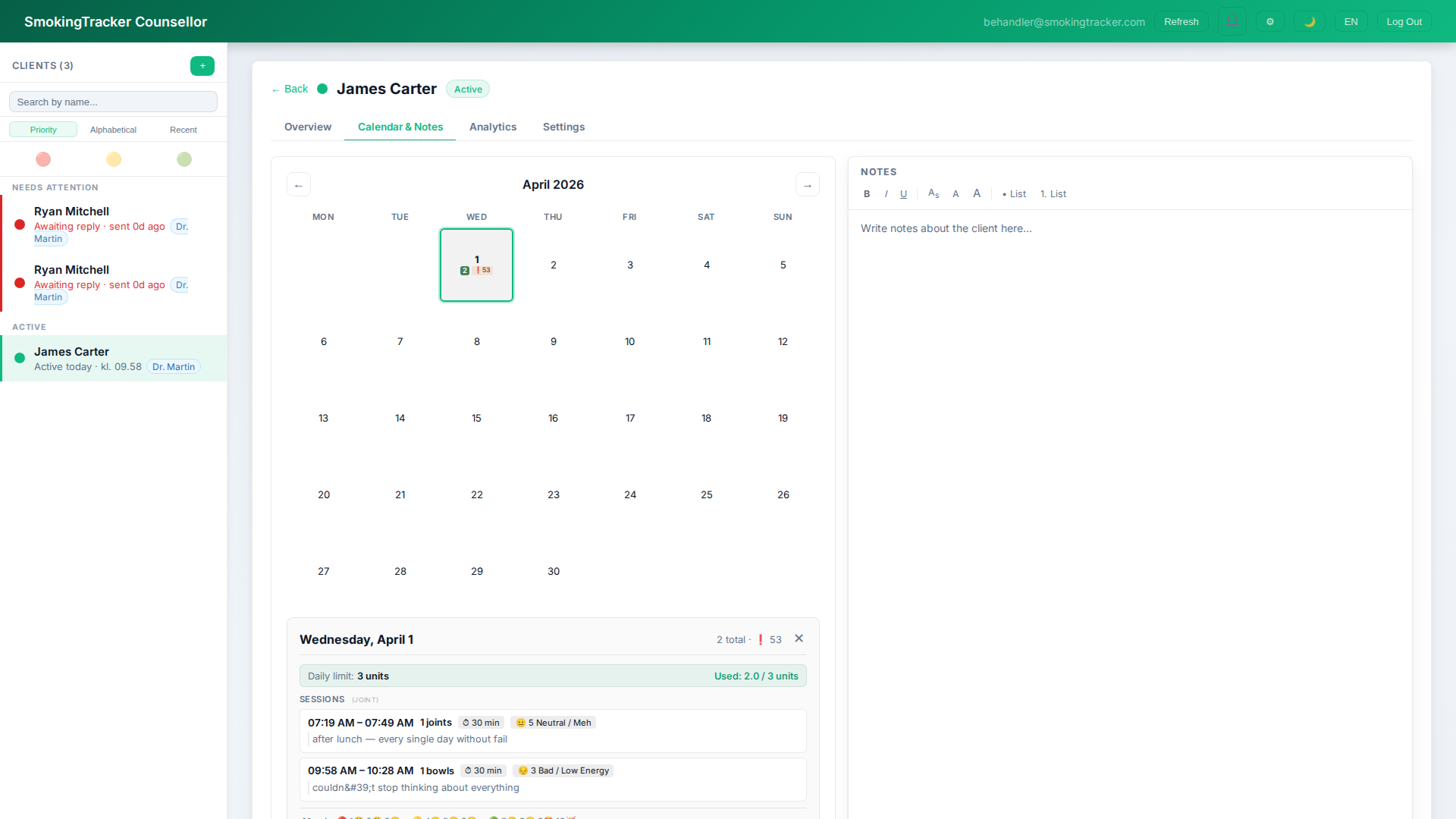 Calendar & Notes tab