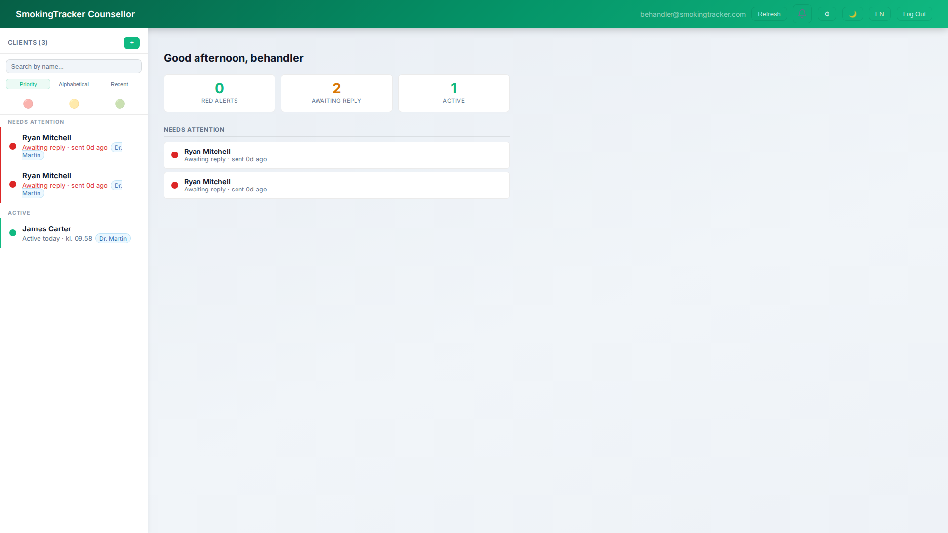 Counsellor dashboard — patient list