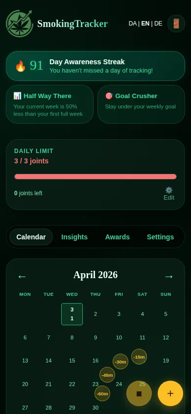 Cannabis tracking app — home calendar view showing logged sessions