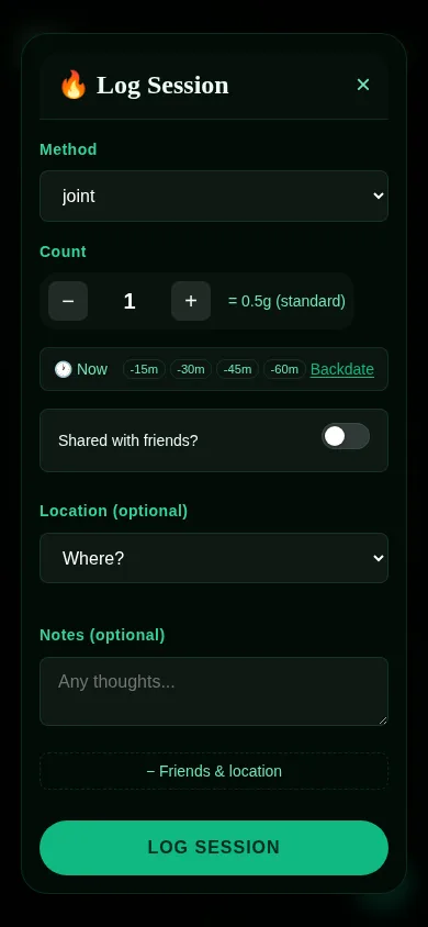 Client logging a cannabis session — three-tap interface