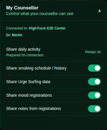 Client settings showing counselor connection and privacy controls